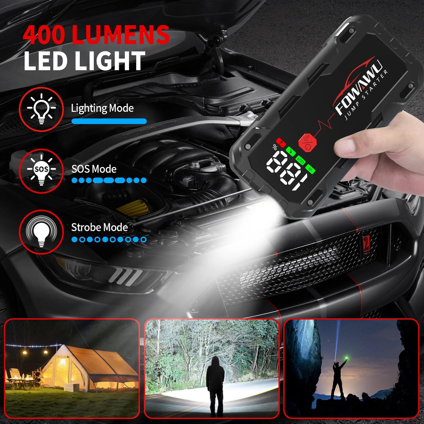 FOWAWU 22800mAh 6000A Jump Starter For 12V Vehicles (10L Petrol/8L Diesel) And Moto, Car Battery Jump Starter Power Pack