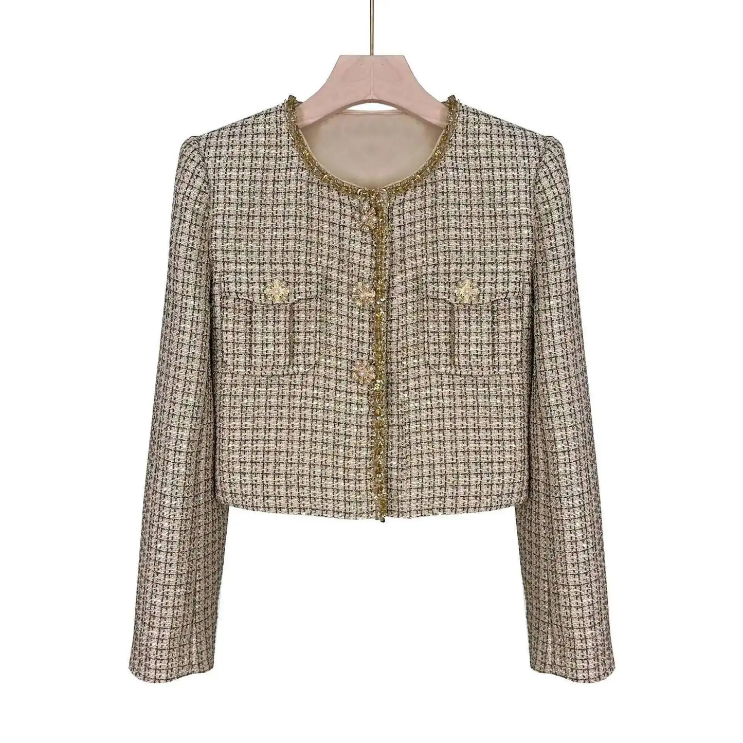 Autumn Winter Small Fragrant Style Gold Plaid Coarse Knitted Two Piece Set Women Suit Coat Tweed Jackets Midi Long Skirts Sets
