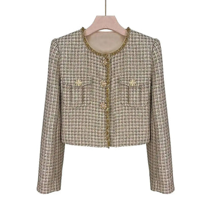 Autumn Winter Small Fragrant Style Gold Plaid Coarse Knitted Two Piece Set Women Suit Coat Tweed Jackets Midi Long Skirts Sets