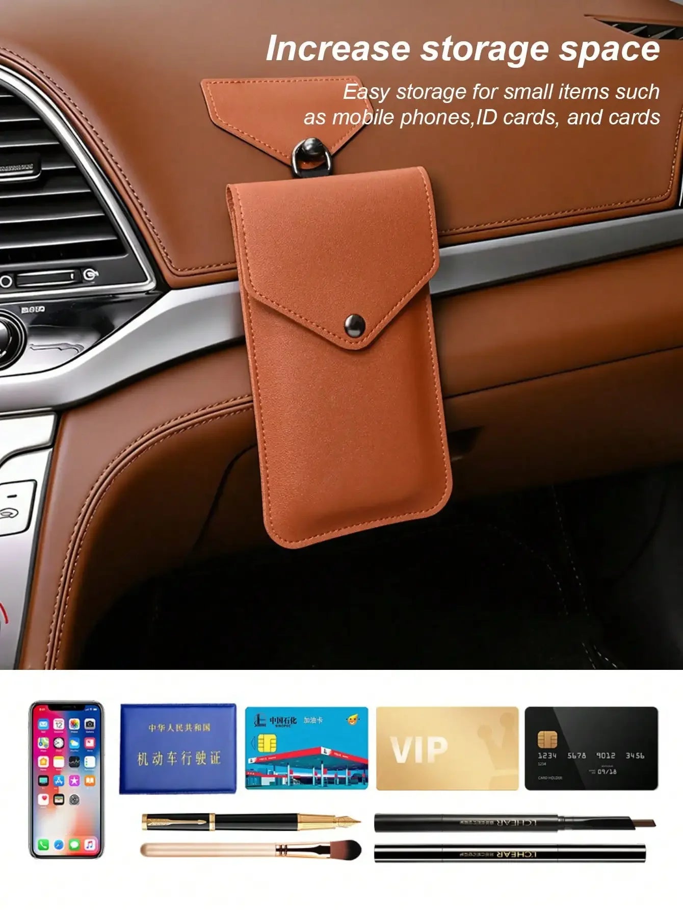 Universal Multi-Use Car Storage Bag with Shoulder Strap, Stick-On, Premium Leather, For Dashboard, Door, Seat Back
