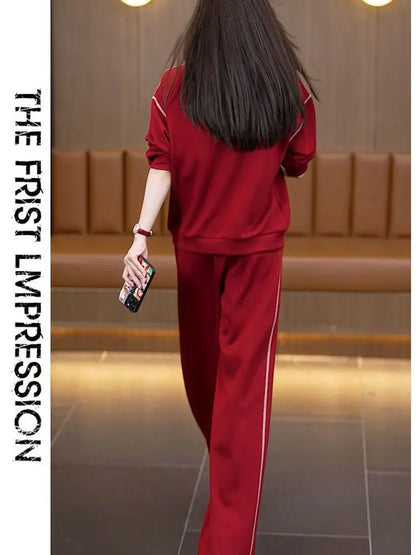 Ladies Large Size Cotton Embroidered Sportswear Set Casual Long Pants Two-Piece Fashionable Outfit for plus Size Women