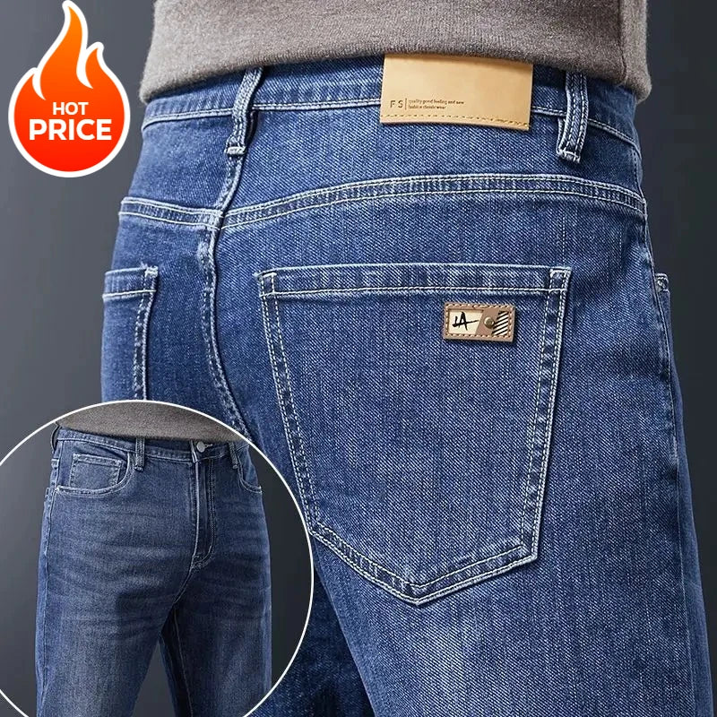 Men's Soft Stretch Straight Jeans Business Casual Slim Fit Wash Denim Pants Korean Fashion Blue Gray Male Brand Trousers