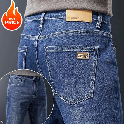Men's Soft Stretch Straight Jeans Business Casual Slim Fit Wash Denim Pants Korean Fashion Blue Gray Male Brand Trousers