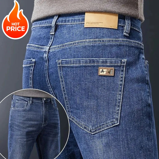 Men's Soft Stretch Straight Jeans Business Casual Slim Fit Wash Denim Pants Korean Fashion Blue Gray Male Brand Trousers