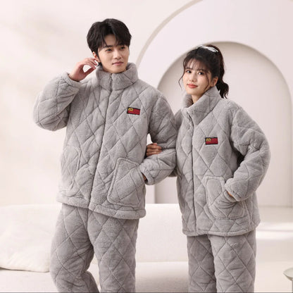 Men's Winter Spwear Thiened Fce Tee-layer Cotton Warm Home Clothes Set Coral Velvet Home Clothes Suitable for Outdo...