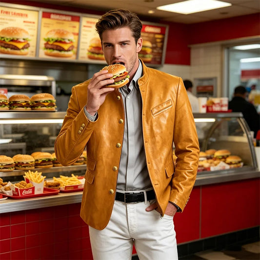 Men's Stand Collar Leather Blazer Slim Fit Single Breasted Golden Metal Buttons Multi Pocket Coat For Business Wedding Daily