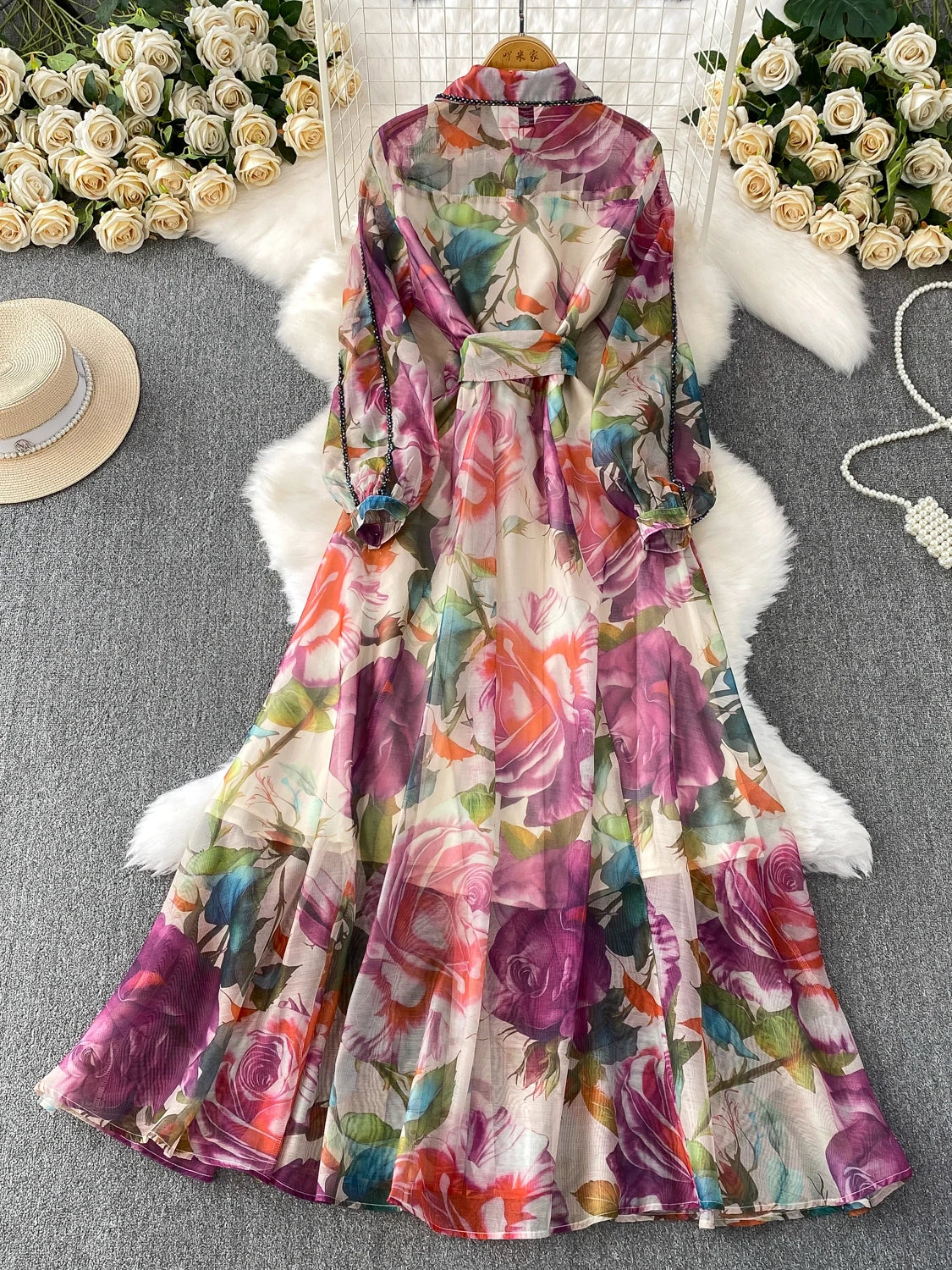 Gemstone Embedded Diamond Collar Dr Women's Autumn Slimming Beautiful Holiday Print Full Skirt Long Dr