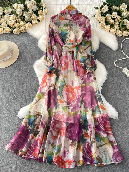 Gemstone Embedded Diamond Collar Dr Women's Autumn Slimming Beautiful Holiday Print Full Skirt Long Dr