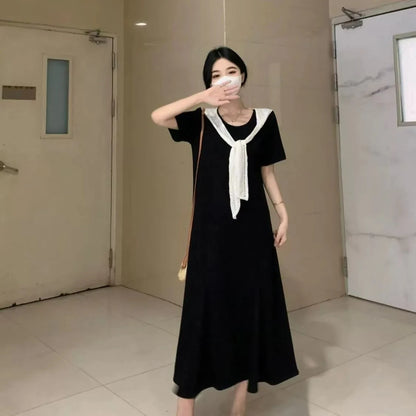Naval Collar Lace Trim Slimming Long Dress French Style Loose Fit Mommy's Summer Dress mid Waist Design Casual  Knot
