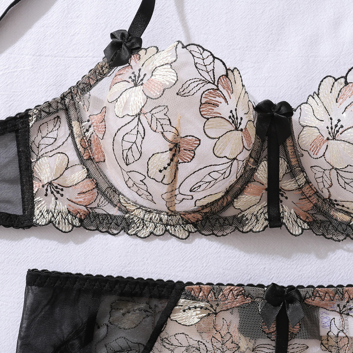 2026 European and American Bow Accessories Perspective Embroidery Splicing Mesh Sexy Body Shaping Underwear Four Piece Set