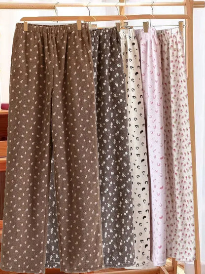 Thickened Fluffy Home Pants Floral Print Loose Fit Warm Winter Leisure Sleepwear for Men And Women Youth Size Comfortable