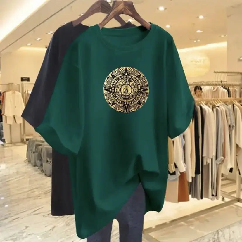 Women Fashion Pure Cotton Y2k Short Sleeve T-shirt Summer Casual Loose Paisley Printing Top Tee Office Lady Basic Pullover M-6XL