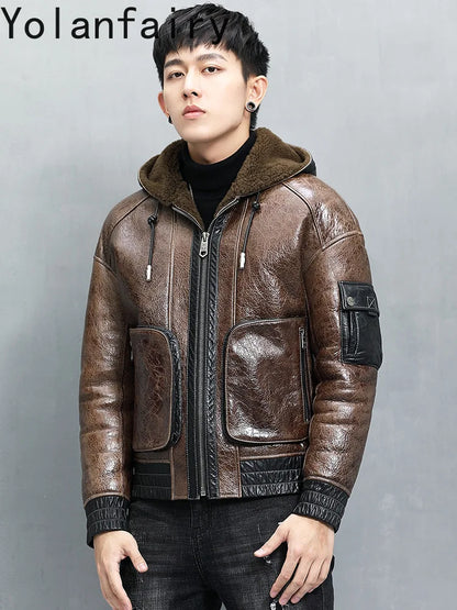 YOLANFAIRY Genuine Sheepskin Fur Coat Man with Hood Luxury Winter Mens Genuine Leather Jacket Motorcycle Short Natural Fur Coats