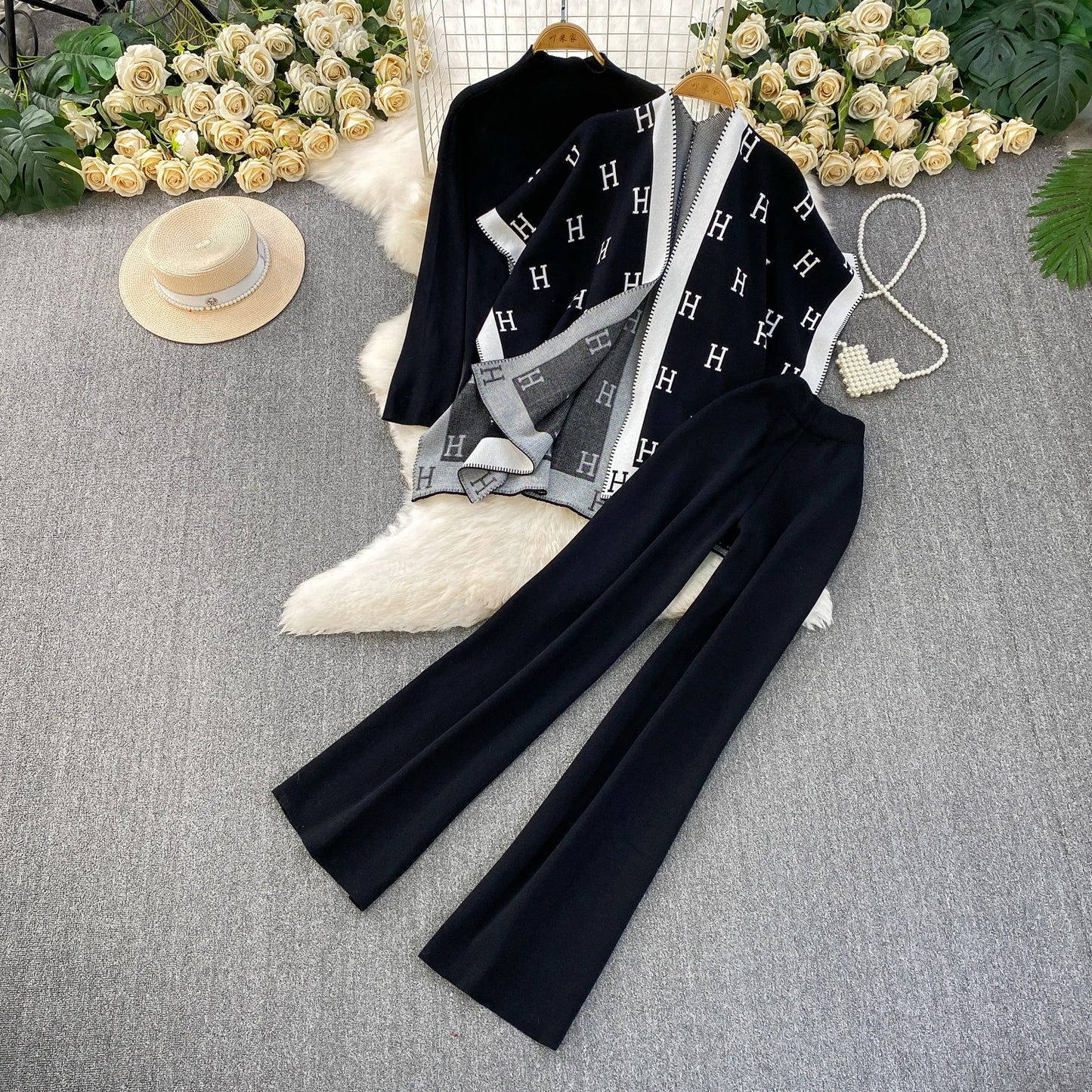Faionable Knitted Tee-Piece Set Women's Loose Fit Autumn Winter Cardigan Embroidered Letter Sweatirt Wide Leg Pants