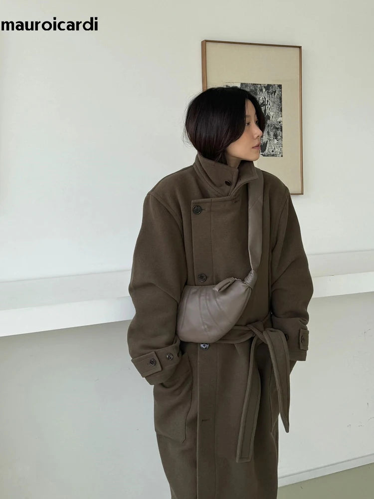 Mauroicardi Autumn Winter Oversized Long Warm Brown Wool Blends Coat Men Luxury Designer Unisex Clothes Woolen Overcoat 2024