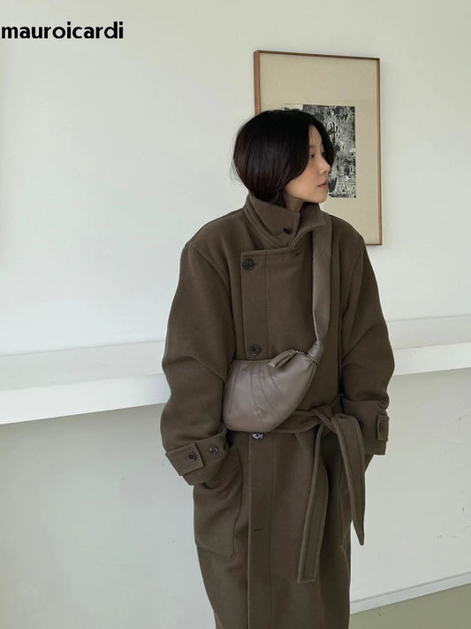 Mauroicardi Autumn Winter Oversized Long Warm Brown Wool Blends Coat Men Luxury Designer Unisex Clothes Woolen Overcoat 2024