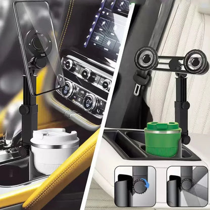 2-in-1 Car Cup Holder Phone Mount Dual Magnetic Adjustable Long Arm Universal Drink Stand for Cell Phones