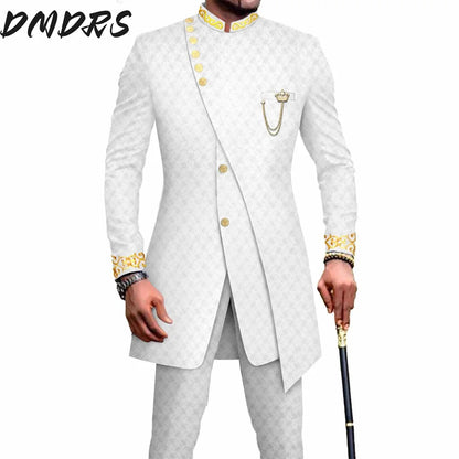 Elegant African National Printing Batik Men's Casual 2PCS Suit For Wedding Dinner Event Suit terno masculinos complete costume