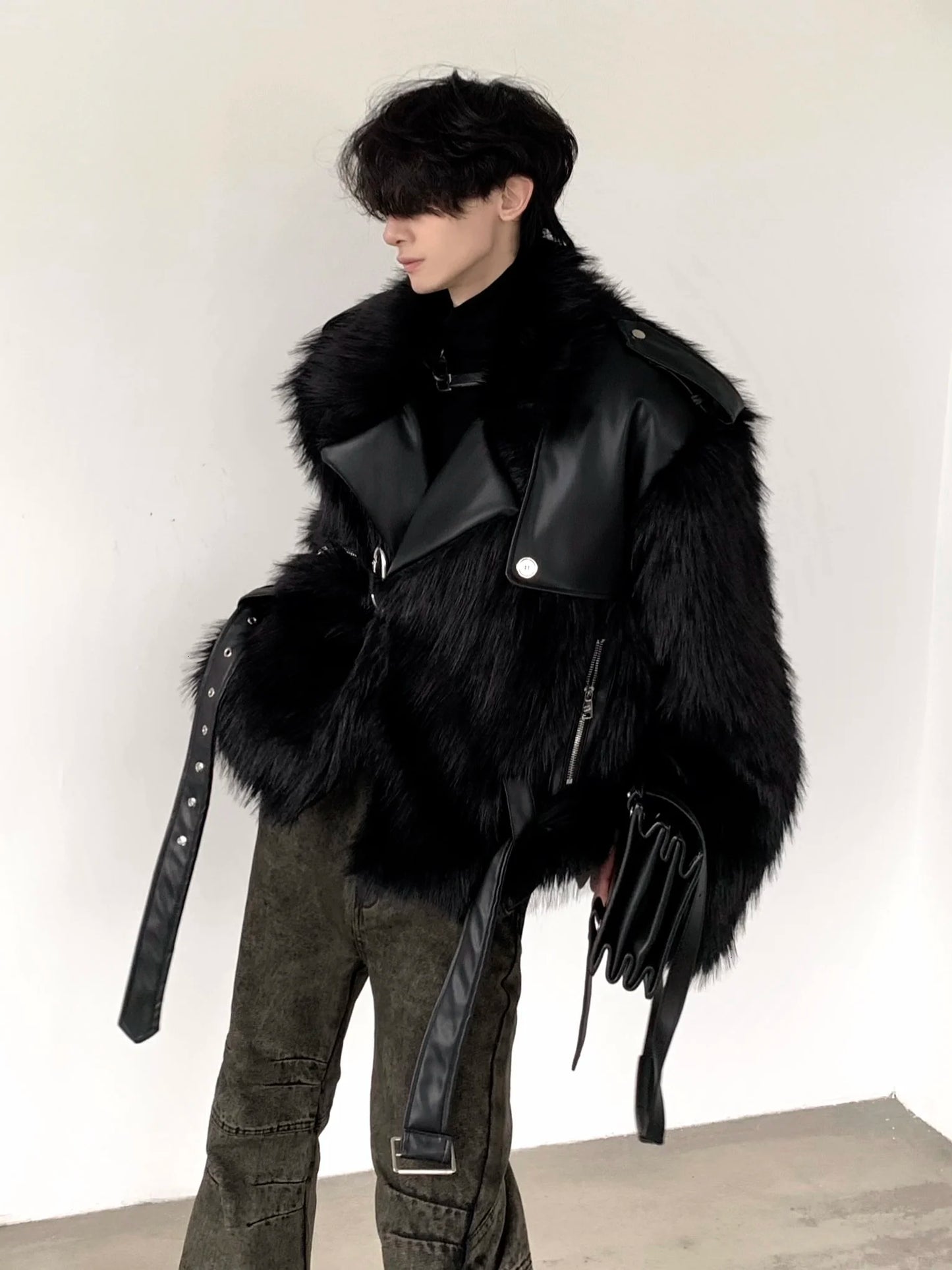 Mauroicardi Winter Short Cool Black Thickened Warm Pu Leather Patchwork Faux Fur Moto & Biker Coat Men Zipper Fluffy Jacket 2023