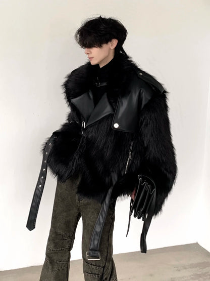 Mauroicardi Winter Short Cool Black Thickened Warm Pu Leather Patchwork Faux Fur Moto & Biker Coat Men Zipper Fluffy Jacket 2023