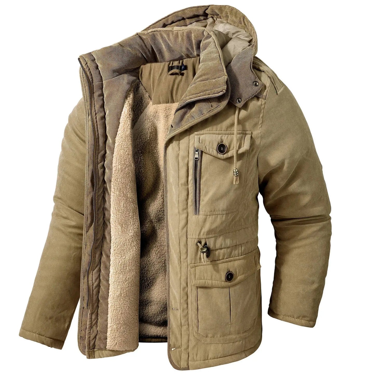 2025 Winter Men's American Fashion Versatile Hooded Cotton Jacket Thickened Multi Pocket Casual Simple Medium Length Top Coats
