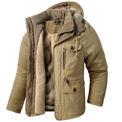2025 Winter Men's American Fashion Versatile Hooded Cotton Jacket Thickened Multi Pocket Casual Simple Medium Length Top Coats