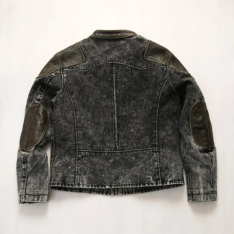 Vintage American Denim Leather Overcoat Washed Waxed Cowhide Coat Retro Style