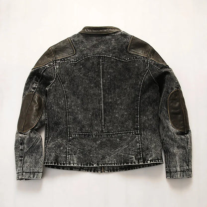 Vintage American Denim Leather Overcoat Washed Waxed Cowhide Coat Retro Style
