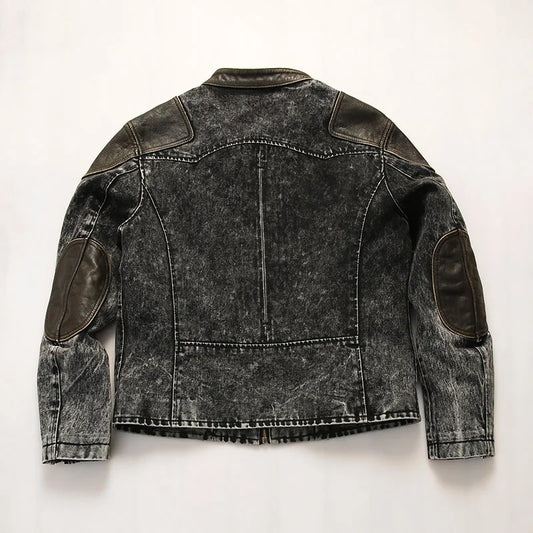 Vintage American Denim Leather Overcoat Washed Waxed Cowhide Coat Retro Style