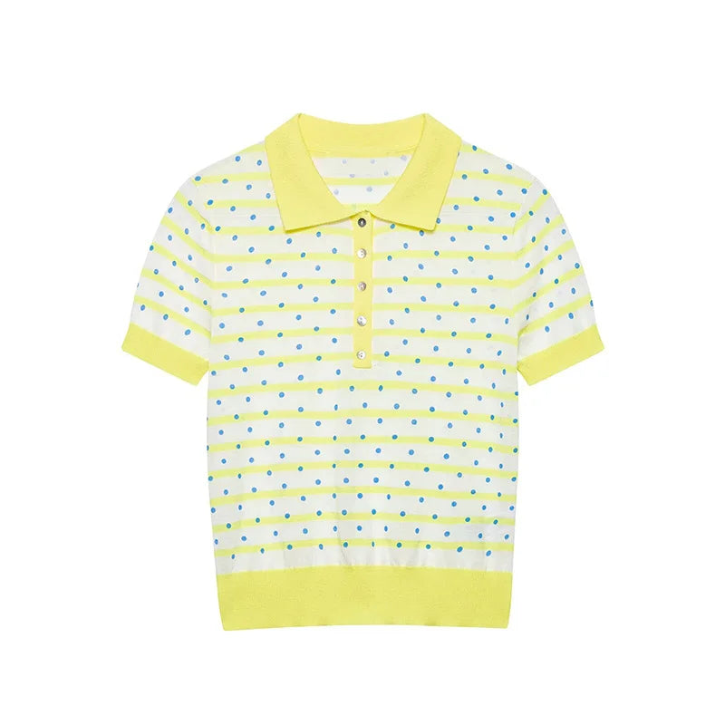 Women's Top 2026 New Fashion Summer Polka Dot Striped Knit Top Elegant Chic Vacation Style Ladies Top