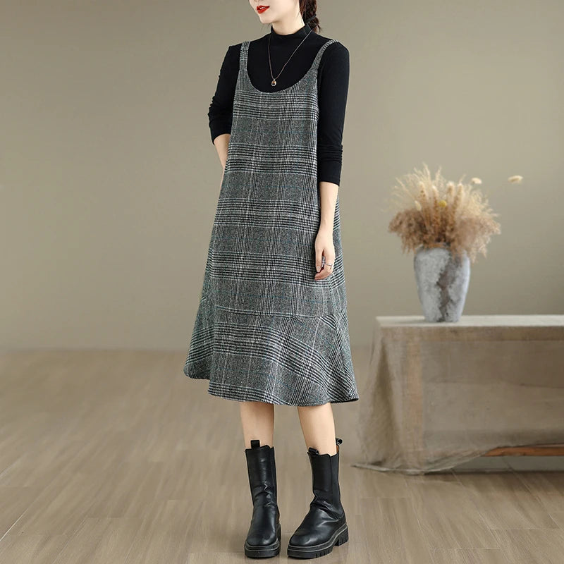 Autumn Winter Plaid Wool Skirt Vest Dress Slimming plus Size Mid-Length Thin Base Layer Outerwear Casual round Neck Dress