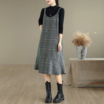 Autumn Winter Plaid Wool Skirt Vest Dress Slimming plus Size Mid-Length Thin Base Layer Outerwear Casual round Neck Dress