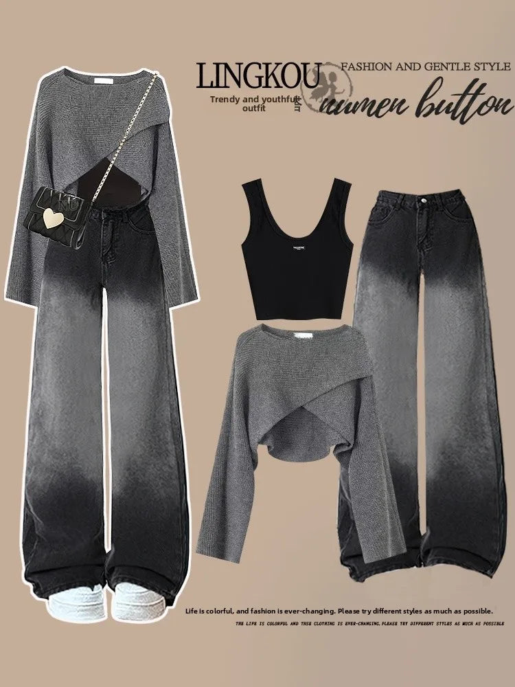 Loose Knitted Sweater High Waist Wide Leg Pants Three Piece Set Women's Denim Casual Style Autumn Winter Fashion Ensemble