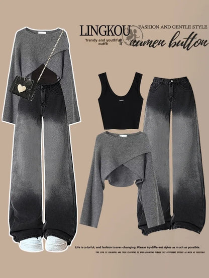 Loose Knitted Sweater High Waist Wide Leg Pants Three Piece Set Women's Denim Casual Style Autumn Winter Fashion Ensemble
