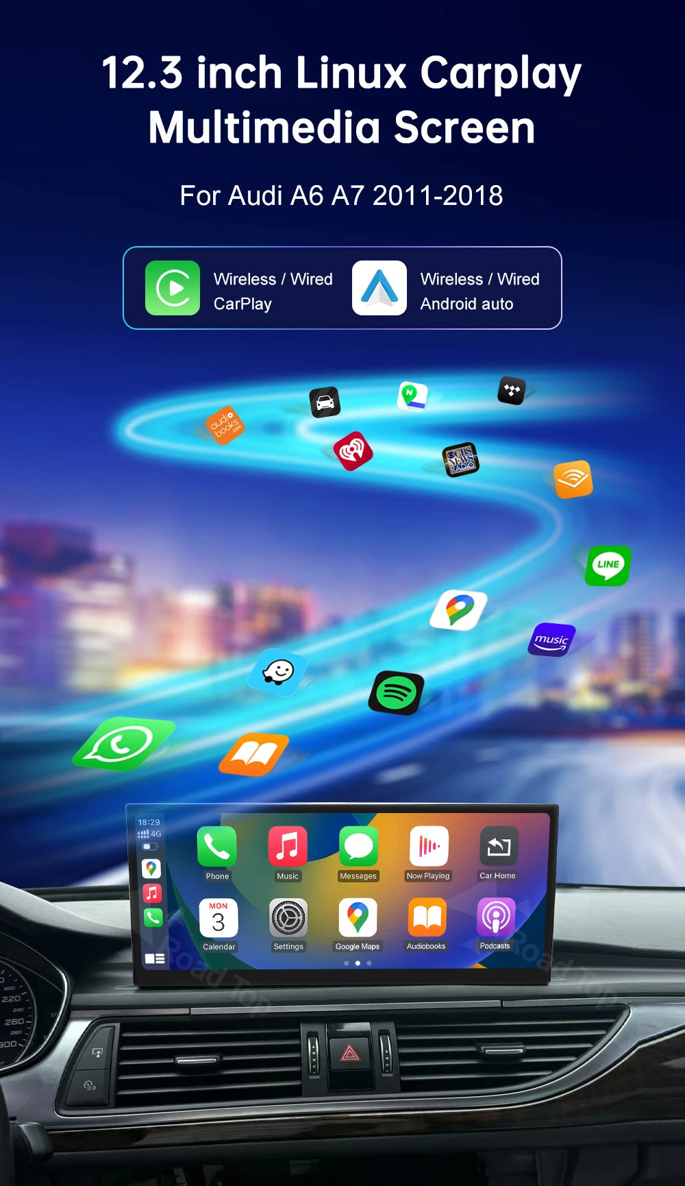 Road Top 12.3" Linux Screen For Audi A6 C6 A7 C7 2011-2018 with Wireless CarPlay Android Auto Airplay Car Radio Player