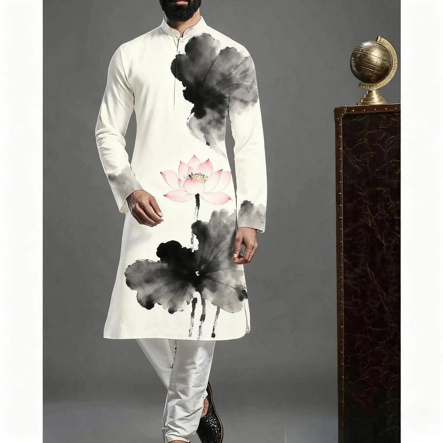 2026 Muslim Tops Men's Ethnic Style Long-sleeved Stand-up Collar Shirts Casual Slim Irregular Ropa Musulmana Hombre