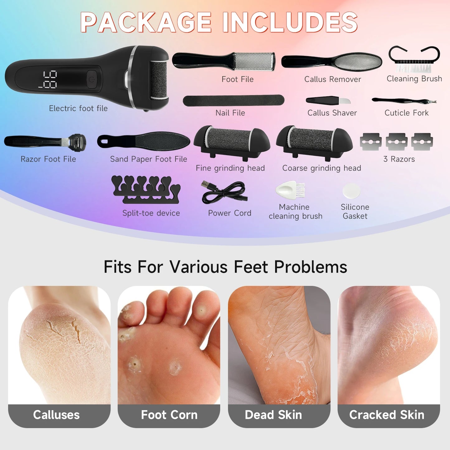 Rechargeable Electric Callus Remover Professional Pedicure Machine with 3 Foot File Grinder Heads for Dead Skin Removal