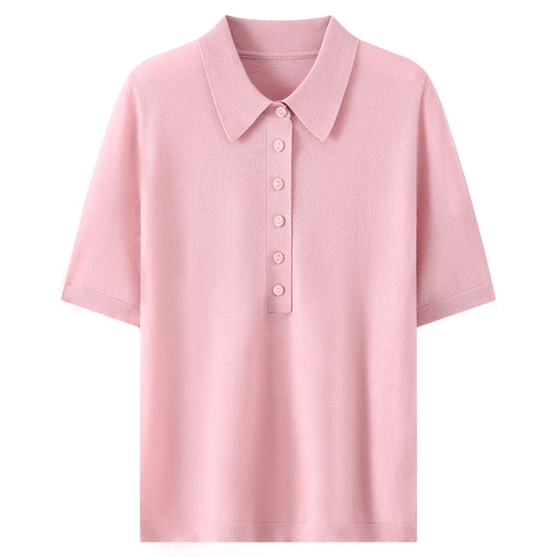 100% fine spun wool women's T-shirt summer solid knitted pullover Jumper sweater short sleeved loose Polo collar Tees Pull Tops