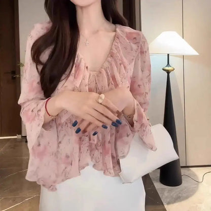 Comfortable Summer Large Size Floral Print V-Neck Women's Shirt Trendy Chiffon Fashionable Pink Collar Versatile Korean Style