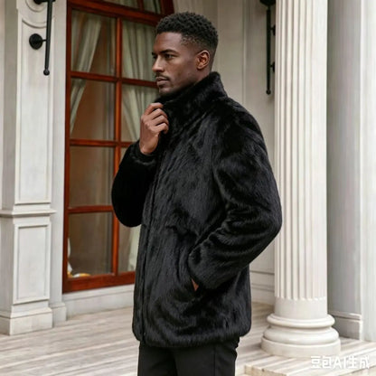 Men Genuine Real Rabbit Fur Coat Stand Collar Zipper Fluffy Thick Warm Luxury Black Winter Fur Outerwear