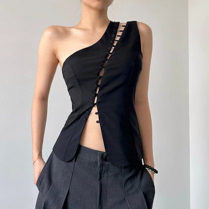 Cryptographic Elegant Asymmetrical Top with Hook and Eye Fashion Sexy Cut Out Backless Split Tops Slim Vest Summer Clothes