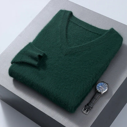 Men's 100% Pure Mink Cashmere Sweater V-neck Pullover Knit Bottoming Shirt Autumn And Winter New Long-Sleeve High-End Mink Tops