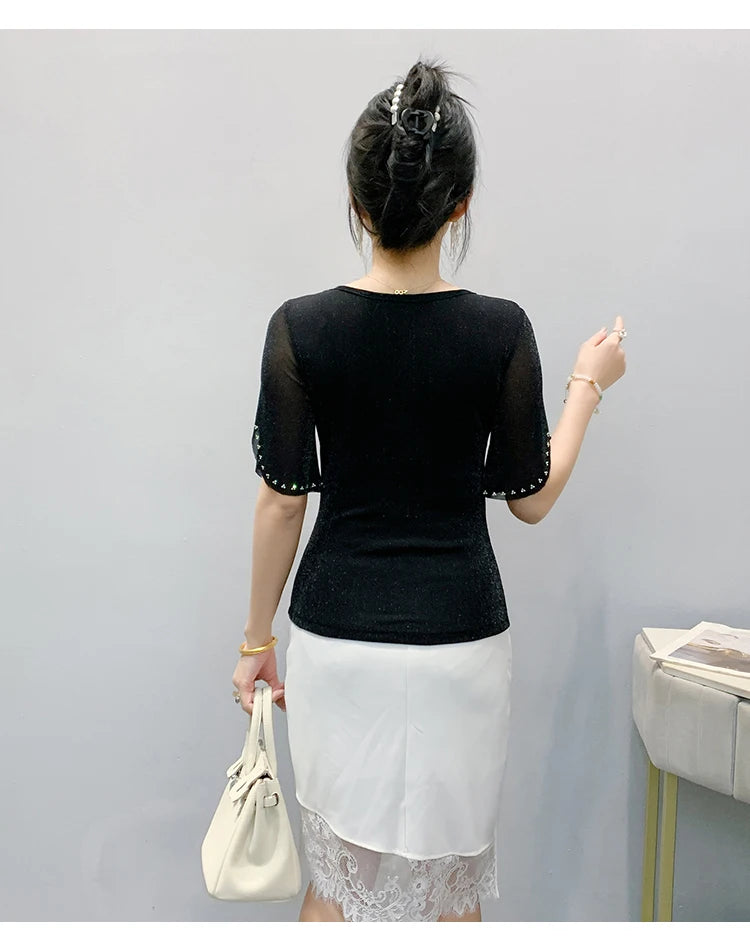 2026 Spring Summer Mesh Tops Korean Fashion Diamond T Shirt Slim 3/4 Sleeve Hollow Out Casual Women Shirt