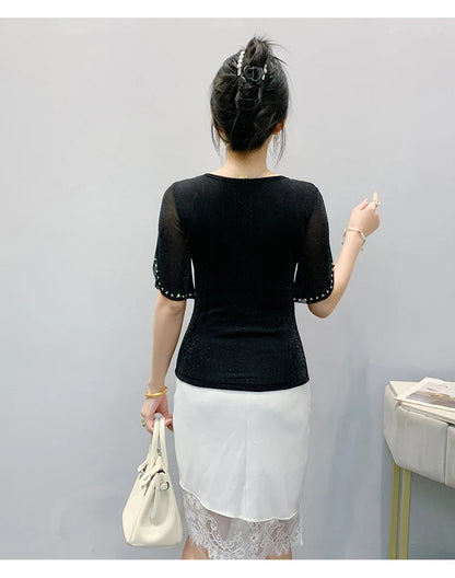 2026 Spring Summer Mesh Tops Korean Fashion Diamond T Shirt Slim 3/4 Sleeve Hollow Out Casual Women Shirt