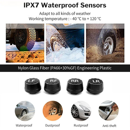 Solar Power TPMS Tire Pressure Alarm Digital Display With 4 External Sensors Car Auto Tester Warning Presssure Monitoring System