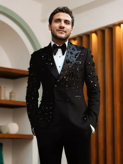 Black Opulent Crystal Men's Suit 2 Pieces Wedding Groom Sets Plus Size Man Slim Fit Suits Set Party Prom Wear Elegant Tuxedo