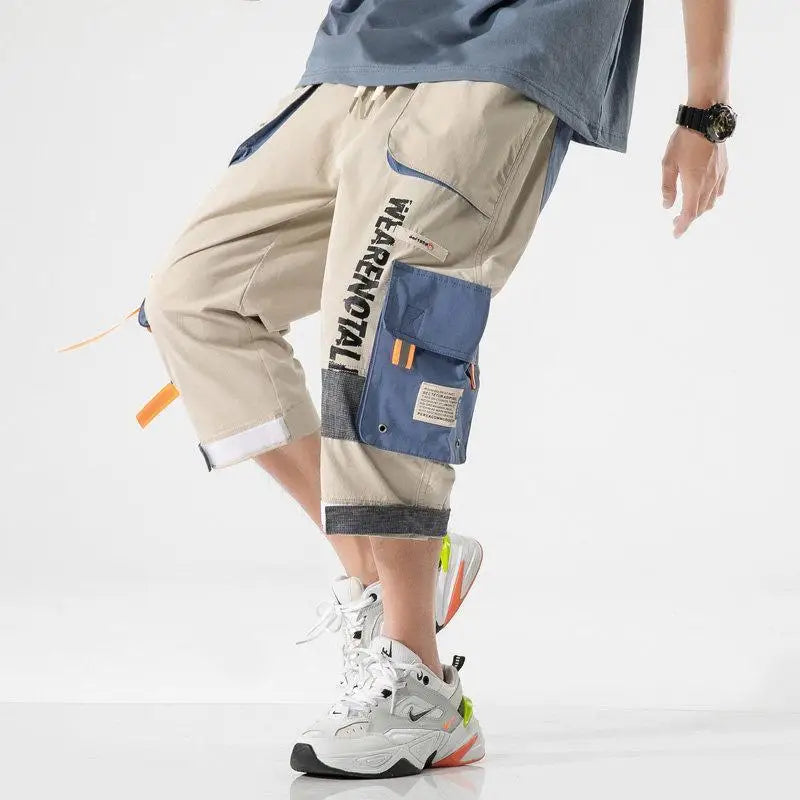 Trendy Men's High Street Hip Hop Fashion Loose Straight Leg Shorts Functional Workwear Crop Style for Summer Casual