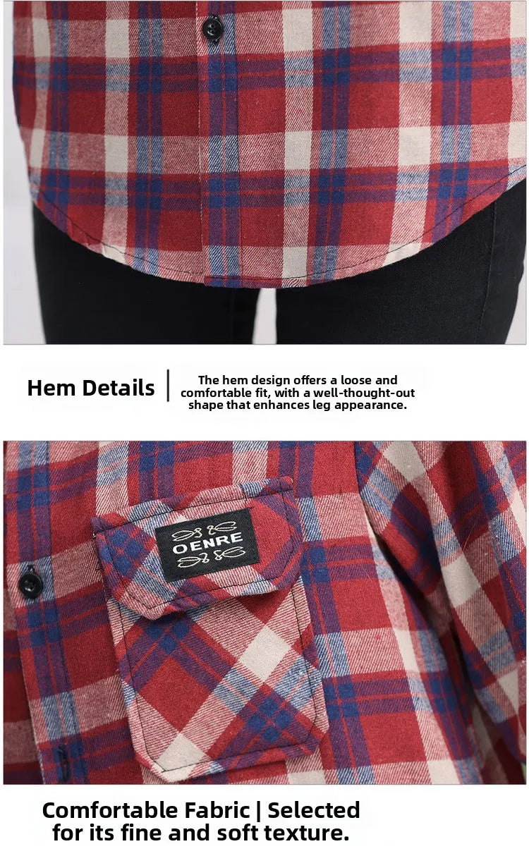 Loose Long Sleeve Mom Shirt Women's New Style Slimming Age-Defying Outerwear Versatile Early Autumn Plaid Outfit  Collar