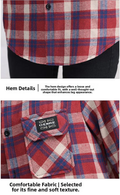 Loose Long Sleeve Mom Shirt Women's New Style Slimming Age-Defying Outerwear Versatile Early Autumn Plaid Outfit  Collar