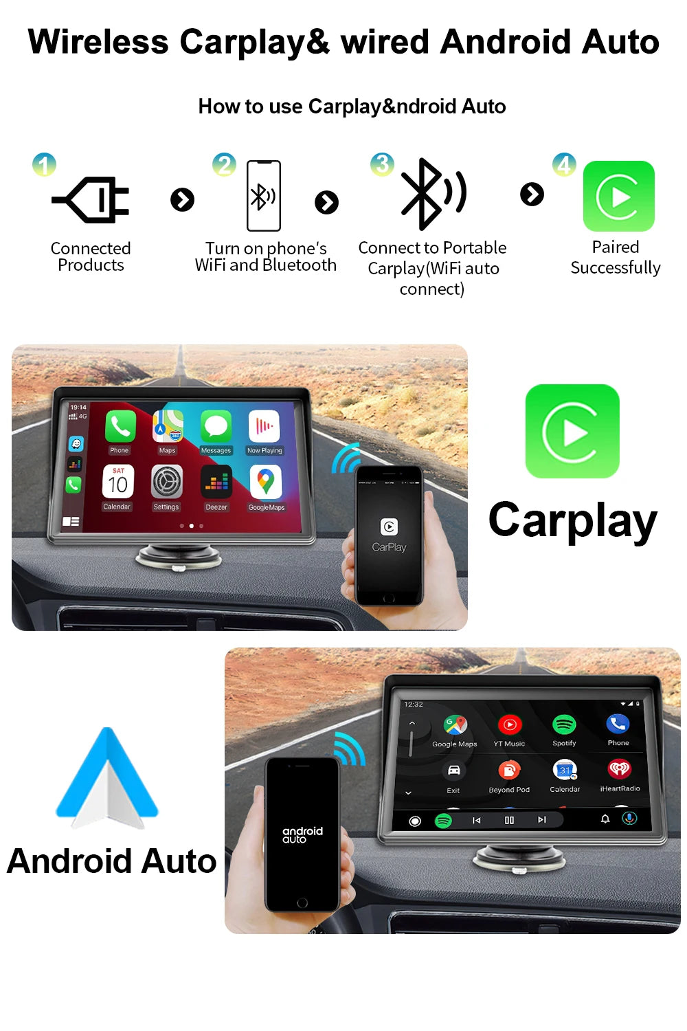 7" / 9" Portable Wireless Carplay Android Auto Car Radio Multimedia Player IPS Touch Screen AUX USB Bluetooth Mirror Link AHD